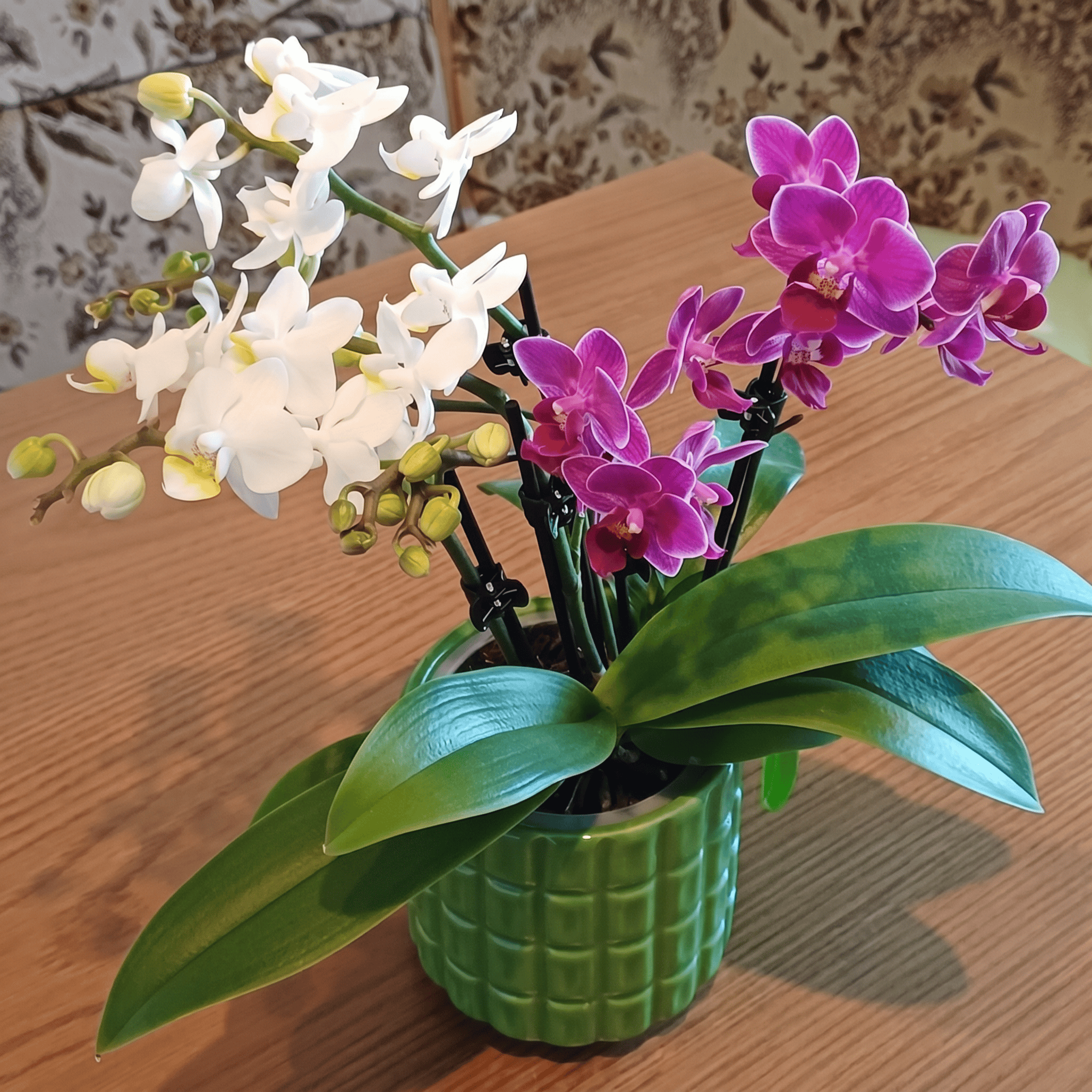 Cocktail Orchidee mit violett-weißen Blüten und 4+ Rispen