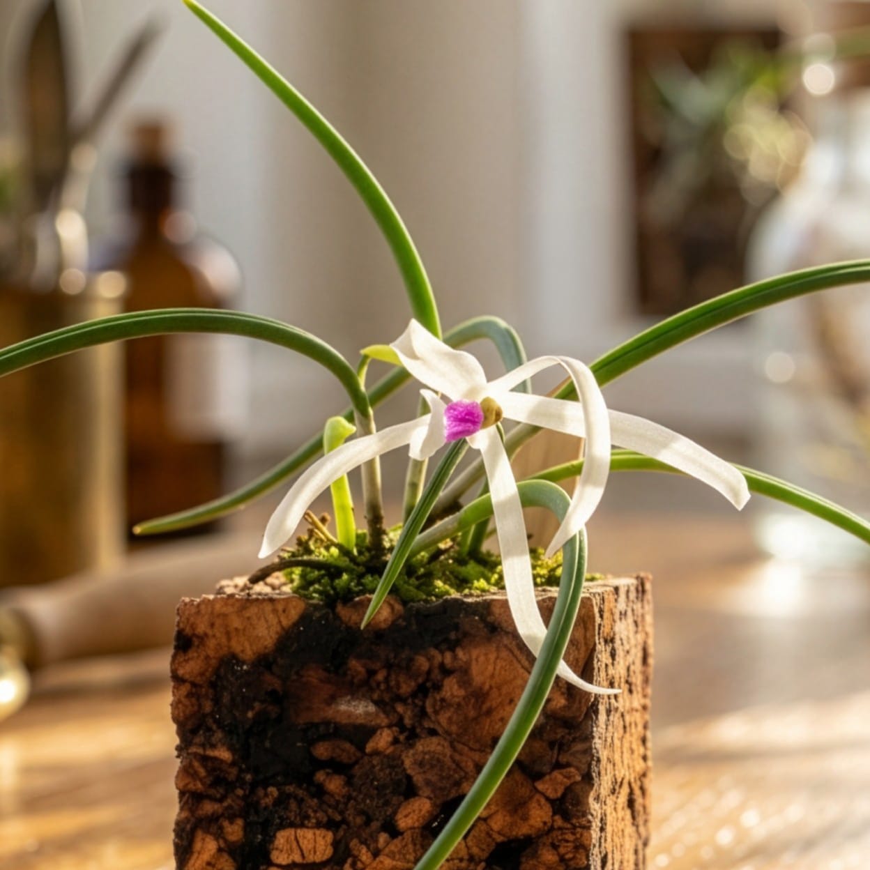 Leptotes botanic bicolor mit weißen Blüten im Korkquader