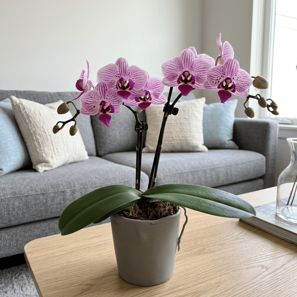 Table Dance Rosmerta mit weiß-pink gestreiften Blüten und 2 Rispen